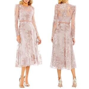 Mac Duggal Embellished Illusion Long Sleeve Midi Dress Rose Size 22